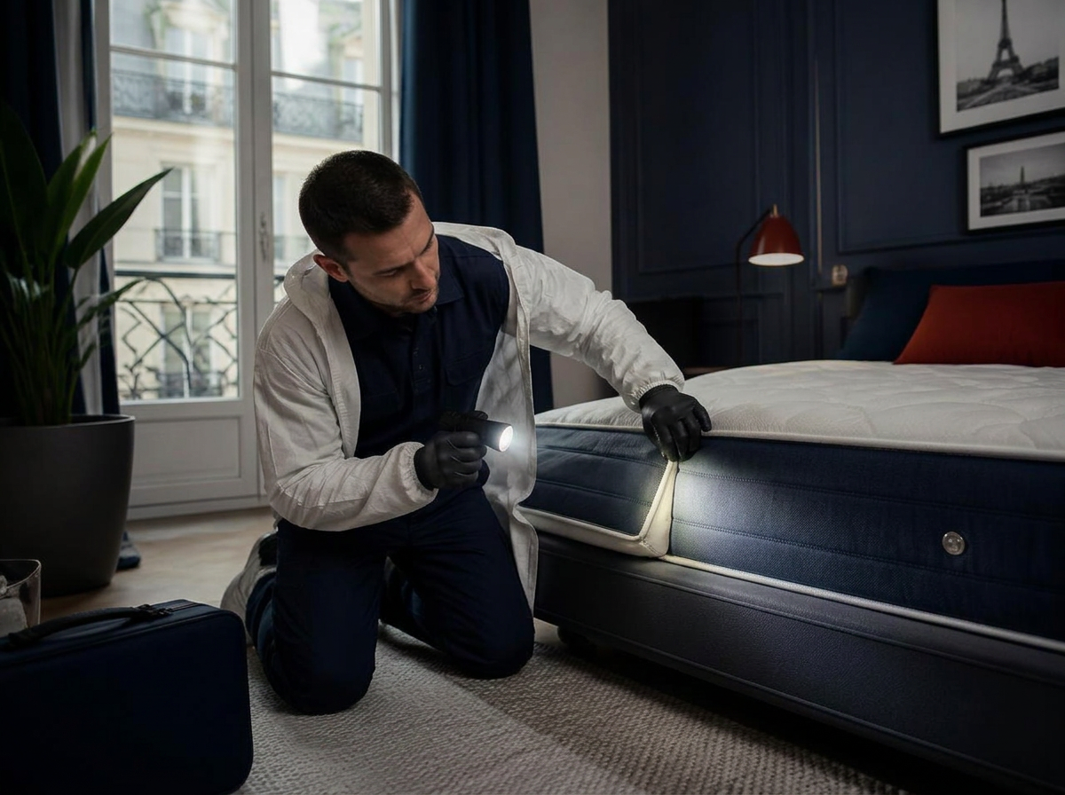 Technicien inspectant les coutures d'un matelas à la recherche de punaises de lit